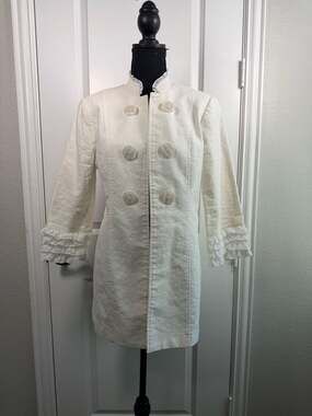 Multiples Ivory Linen Blend Ruffle Trim Mock Neck Coat Jacket Size S